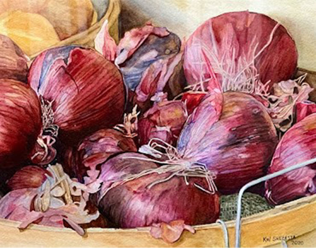 "Market Red Onions" by Keith Shebesta - a painting of a bowl of red onions